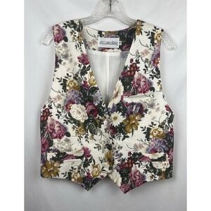 Vintage JH Collectibles Floral Linen Vest 10 S/M 90s Cottagecore Shabby Chic EUC